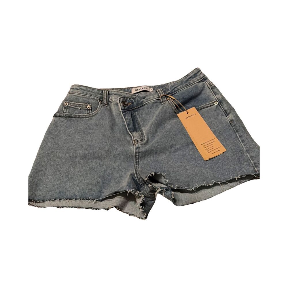 Genleck Women's Blue Denim Cut Off Shorts M Raw Hem 95% Cotton Button Pockets